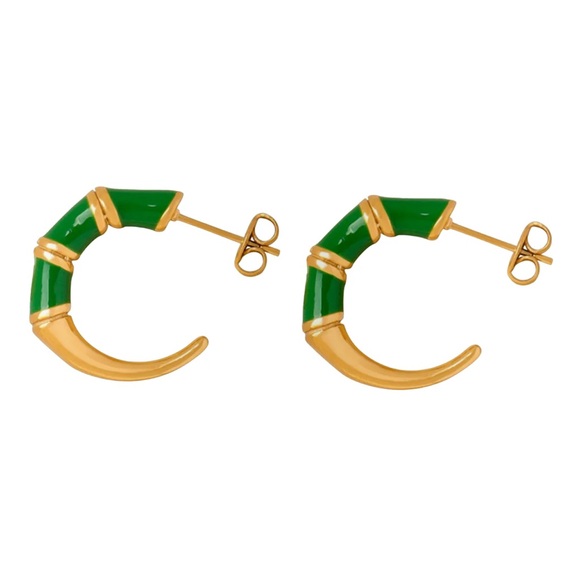 Jewelry - 18K Gold Plated Green Enamel Hoop Earrings*Modern Artsy Earring*Twist Croissant